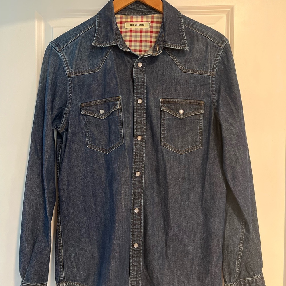 Ben Sherman Blue Denim Jacket with Red and Cream Plaid Lining